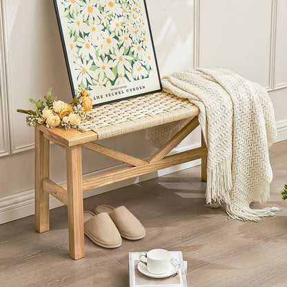 Dechawfon Solid Wood Narrow Bench, 33.46" Woven Bench for Entryway and Hallway, End of Bed Bench with Oak Frame, Boho Accent Bench - 500lbs Capacity (Natural White)