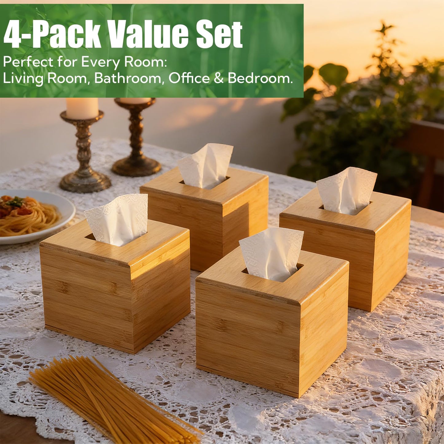 4-Pack Natural Bamboo Tissue Box Covers | 5.9" Cube Storage for Home & Commercial Use | Multi-Scenario Decorative Holder for Kleenex, Napkins, and Paper Towels