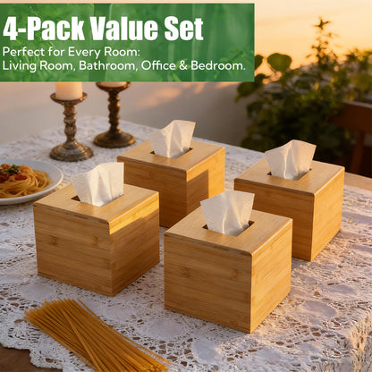 4-Pack Natural Bamboo Tissue Box Covers | 5.9" Cube Storage for Home & Commercial Use | Multi-Scenario Decorative Holder for Kleenex, Napkins, and Paper Towels