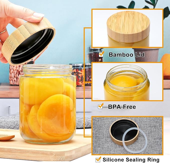 16oz Glass Jars with Lids, Overnight Oats Containers with Bamboo Lids, Wide Mouth Glass Mason Jar Food Storage Containers for Salad,Yogurt,Meal Prep,6 Pack