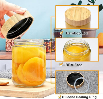 16oz Glass Jars with Lids, Overnight Oats Containers with Bamboo Lids, Wide Mouth Glass Mason Jar Food Storage Containers for Salad,Yogurt,Meal Prep,6 Pack