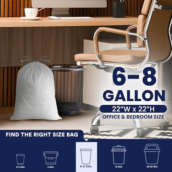 Plasticplace 8 Gallon Trash Bags: Premium White Drawstring Garbage Bag
