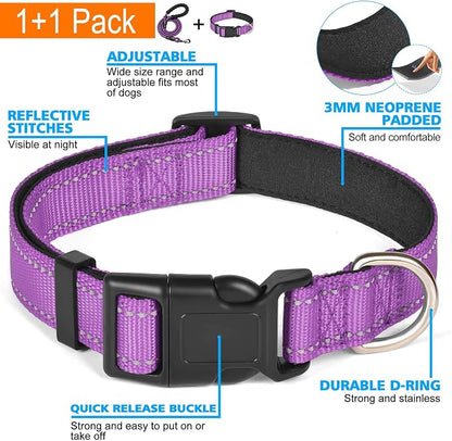 Ladoogo Reflective Dog Collar Padded with Soft Neoprene Breathable Adjustable Nylon Dog Collars for Small Medium Large Dogs (Medium (Pack of 1), Purple Collar+Leash)