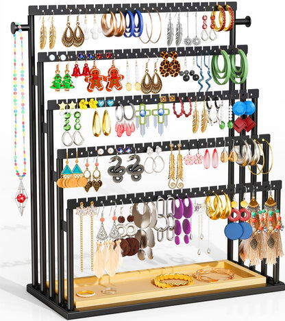 TIPSYTREE Earring Holder Organizer, 5-Tier Step Jewelry Display Stand with Metal Frame and Wooden Storage Organizer, Large Earring Holder for Studs, Hoops, Dangles, Modern Jewelry Organizer for Women