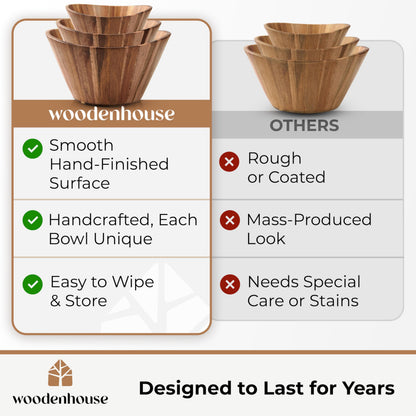 Woodenhouse Wooden Salad Bowl Set, Salad Bowls Set of 3 - Wavy Design Salad Bowl Set for Serving, Handmade, Durable and Stylish Natural Wood Dining Accessory