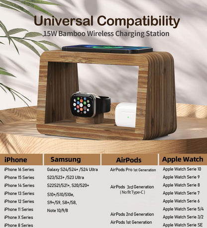 Bamboo Charging Station for Multiple Devices,15W Fast Wireless Charging Station with Nightlight, 3 Color & 4 Adjustable Brightness Compatible with Phone/Watch/AirPods