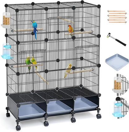 VISCOO Encrypted Bird Cage (46" x 36" x 12"), with Wooden Perches, Metal Parakeet Cage with Slide-Out Tray, Water Bottle&Feeder, Bird Cages for Parrot,Parakeets,Cockatiel,Small Mid-Sized Birds