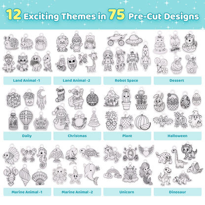 Funtopia Shrinking Art Sheets Kits for Kids, 75 Pre-Cut Shrink Paper Craft Keychain Making Kit, 12 Themes DIY Shrink Art Plastic Sheets with Charms and Keychains Accessories