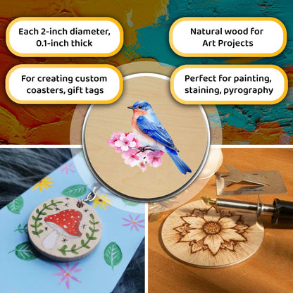 100 Pcs Unfinished Wood Circle 2 inch Wood Disc 0.1'' Thickness Round Slices Wood Blanks Wooden Cutout Natural Slices Ideal for Crafting Writing DIY Project Ornament Painting Art Home Decoration