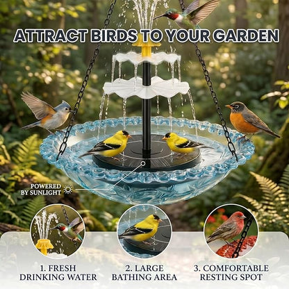 Solar Cascade Hanging Bird Bath Fountain, Solar Fountain Pump with 8 Nozzles, Hanging Bird Bath with Water for Outdoors Garden Patio Backyard Lawn Decor (Blue)