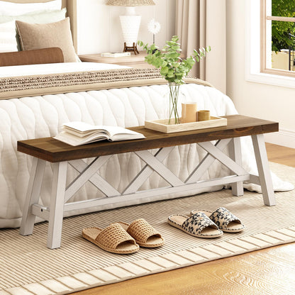 Wnutrees 43"& 54" Farmhouse Wood Bench (2 PCS), Rustic Solid Wood Entryway Benches Seat with Double X-Structure for Dining Area Living Room Hallway White