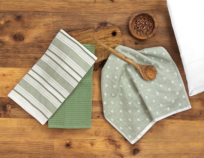 Sage Green White Kitchen Hand Dish Towels: Oversized 28" x 16", 100% Cotton