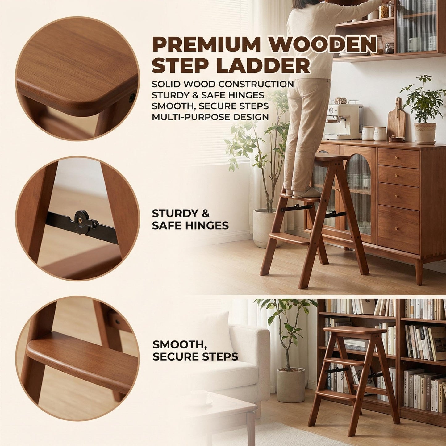 Baveke 3 Step Ladder Folding Step Stool, Wooden Step Stool Foldable, Folding Step Stools for Adults, Bamboo Kitchen Ladder, Three Stepladder for Library (Brown, FSC-Certified Bamboo)