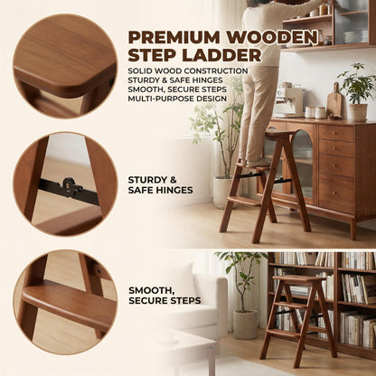 Baveke 3 Step Ladder Folding Step Stool, Wooden Step Stool Foldable, Folding Step Stools for Adults, Bamboo Kitchen Ladder, Three Stepladder for Library (Brown, FSC-Certified Bamboo)