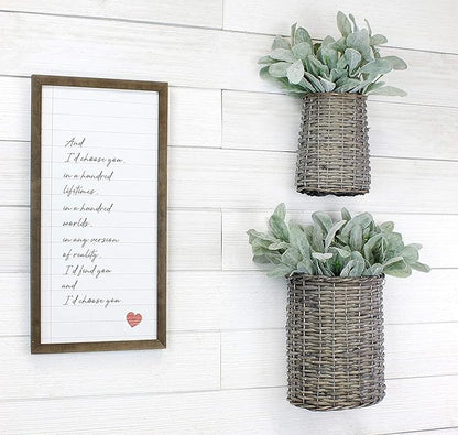 AuldHome Design Wall Hanging Baskets; Woven Wicker Rustic Farmhouse Gray Washed