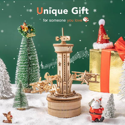 ROKR 3D Wooden Puzzle for Adults Airplane Tower Music Box - DIY Mechanical Model Building Kit 10", Birthday Gifts for Men/Women/Parents/Family