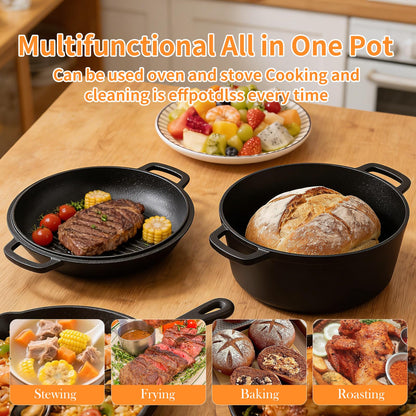 Pre-Seasoned Cast Iron Dutch Oven for Bread Baking - incl. Sourdough Bread-Baking Supplies like Proofing Basket, 2-in-1 Dutch Oven Pot with Skillet Lid and Dual Handles, Sour Dough Tools, Lame, 5QT