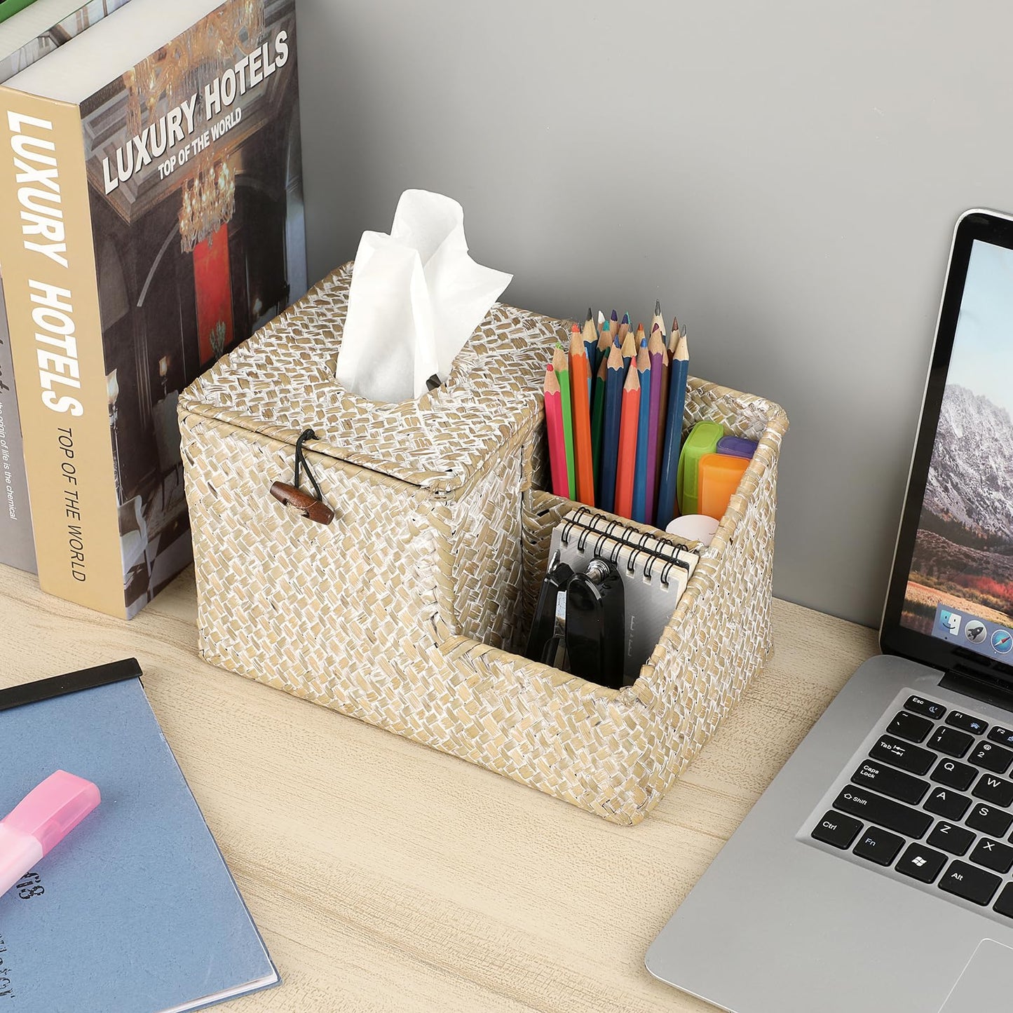 Sumnacon Tissue Box Cover-Square Woven Tissue Box Organizer for Desk Rustic Seagrass Tissue Box Holder with Side Organizer Decorative Cube Tissue Cover for Bathroom Home Office Table Counter Whitewash