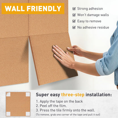 QUEENLINK Cork Board for Wall, 36"x24", 6-Pack Cork Tiles with Removable Adhesive Tabs, Square Bulletin Board Pin Board Tack Board for Home Office Classroom, 60 Push Pins