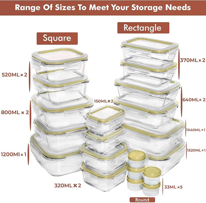 Razab 35 Pc Set Glass Food Storage Containers with Lids - Meal Prep Airtight Bento Boxes BPA-Free 100% Leak Proof (15 lids,15 glass & 5 Plastic Sauce/Dip Containers)