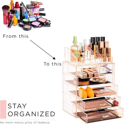 Sorbus Acrylic Makeup Organizer Set, 6-Drawer Vanity & Countertop Cosmetic Storage with Small & Wide Compartments, Pink Makeup Storage for Brushes, Jewelry – Holiday Gift for Women & Teens