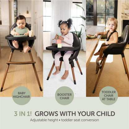 Convertible High Chair for Babies, Toddlers, Kids & Children - Wooden Highchair with Adjustable Height & Dishwasher Safe Tray - Wood Feeding & Dining Chair - Converts to Booster Seat (Black)