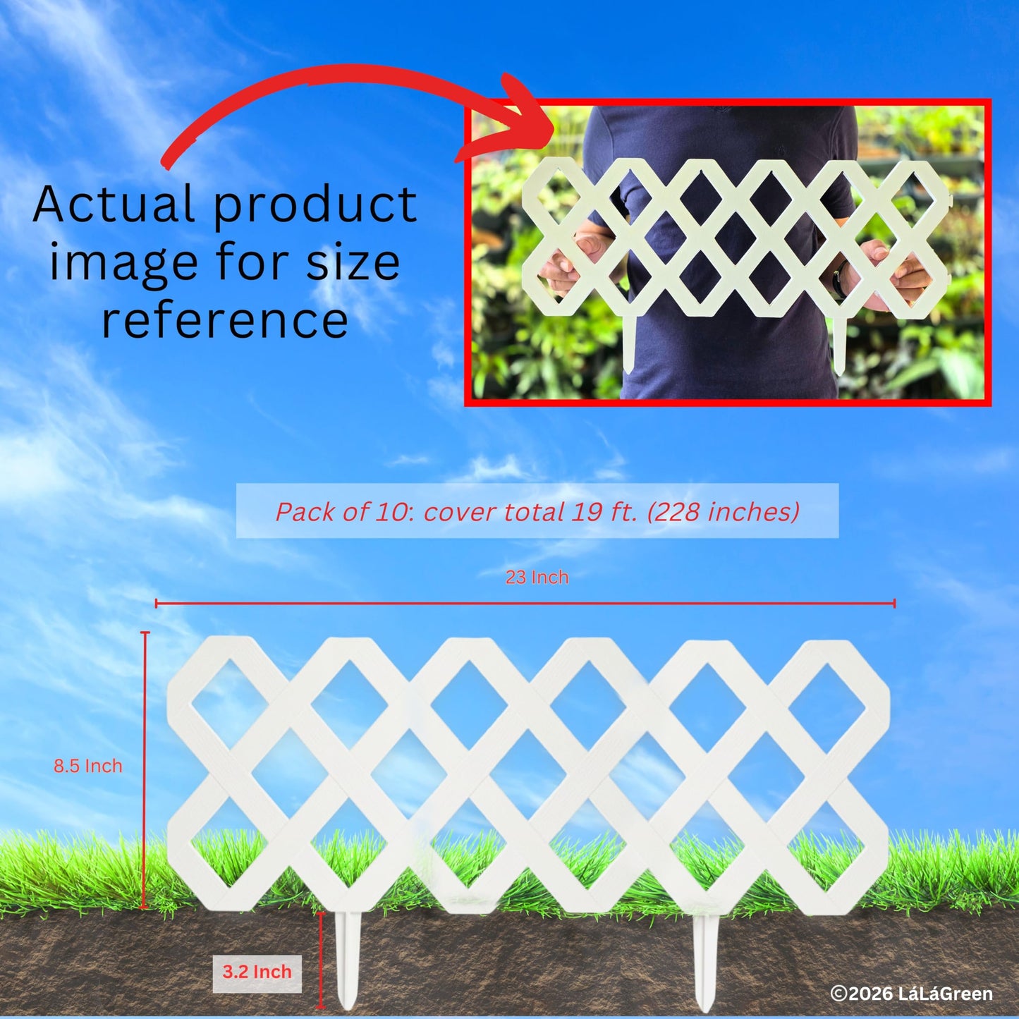 LaLaGreen Garden Edging Border (23x8.5 Inch, 10 Pack) White Plastic Fence Panels, Landscape Edging for Yard Lawn Patio Pathways Trees, Decorative Flower Bed Borders Outdoor Style Decor