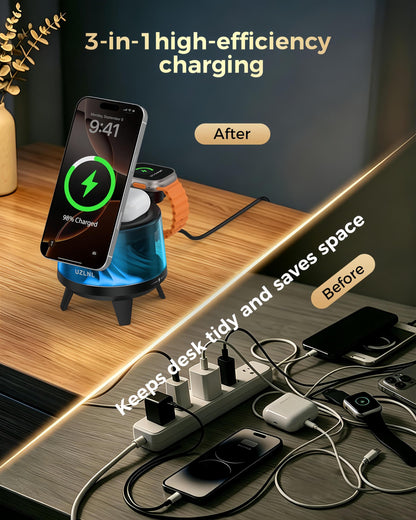 UZLNL 3 in 1 Wireless Charging Station for Apple Devices,Mag-Safe Charger Stand,Magnetic Wireless Charger Station,RGB Ambient Light,for iPhone 17 Pro Max 16 15 14 13 12,AirPods & Apple Watch Series