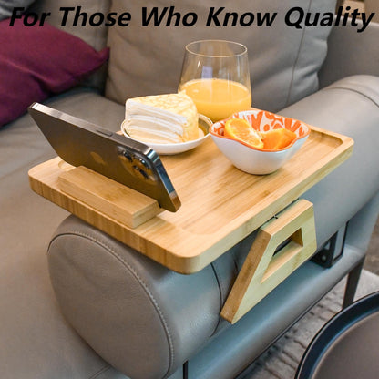 Couch Arm Tray Table Clip on Sofa, Armrest TV Tray Table with 360° Rotating Phone Holder, Solid Bamboo Side Table for Wide Couches Arm, Gift for Mom Dad or Friends，Fits Sofa Arms 6-10 inches Wide