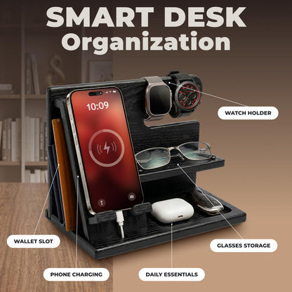 TESLYAR Wood Phone Docking Station for Men - Desktop or Nightstand Organizer - Birthday Gifts for Men, Dad - Anniversary Idea from Wife - Key Holder, Stand Wallet, Watch & Essentials (Granite Black)
