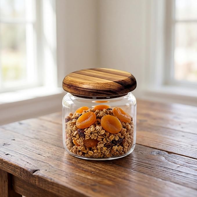 4-Pack 13 fl oz Wide Mouth Mason Jars with Spoon & Labels, Acacia Wood Lids, Press Seal, No Plastic, for Food, Snacks, Candy, Fruits, Coffee Beans, Spices & Dry Storage, Pantry Organizer.
