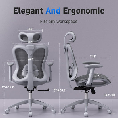 amseatec Ergonomic Office Desk Chair, Comfortable Computer Gaming Chair, Breathable Mesh Back & Seat, Adjustable Armrest & Headrest, Lumbar Support, Butterfly Design for Home Office, Gray