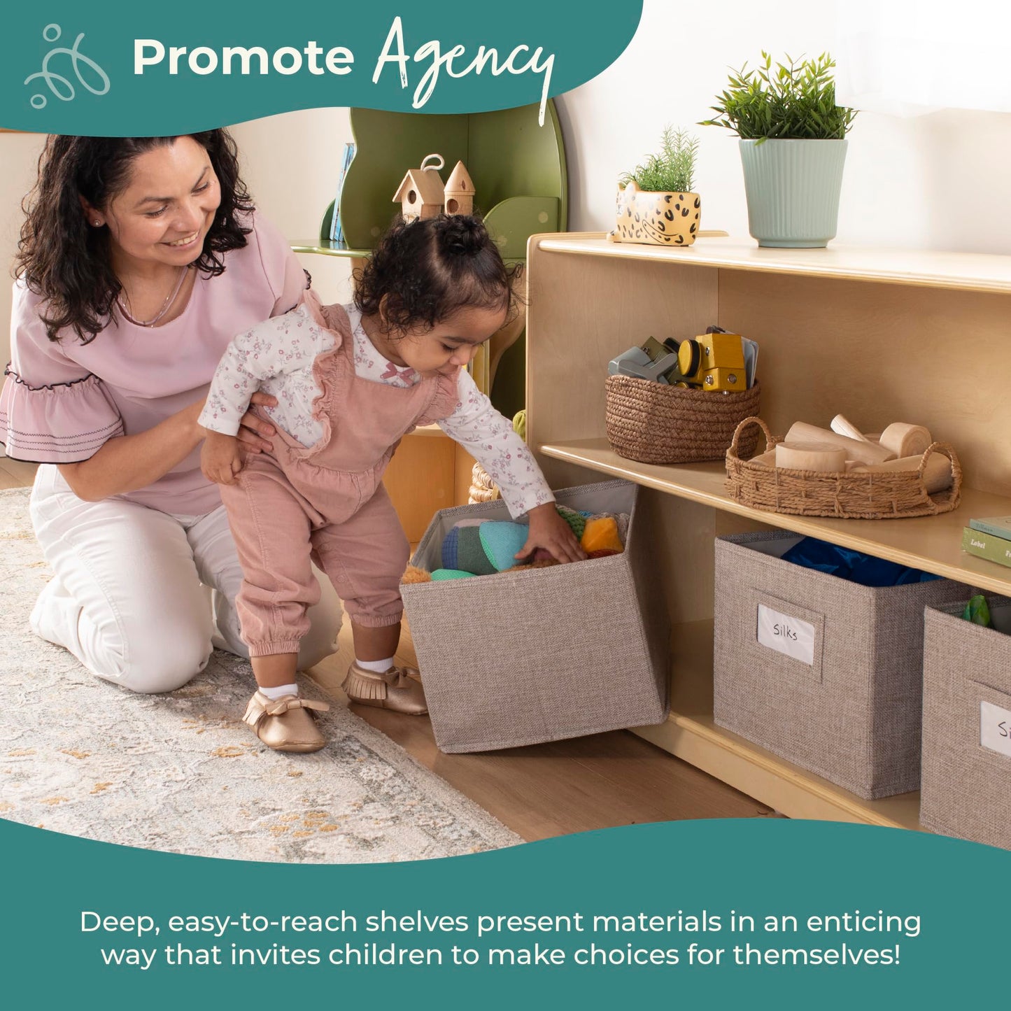 Guidecraft EdQ Two Shelf Open Storage 24'' Natural with 3 Fabric Bins: Wooden Multi-Purpose Bookcases and Toy Storage Organizer; Homeschool and Classroom Furniture
