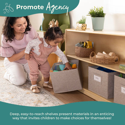 Guidecraft EdQ Two Shelf Open Storage 24'' Natural with 3 Fabric Bins: Wooden Multi-Purpose Bookcases and Toy Storage Organizer; Homeschool and Classroom Furniture
