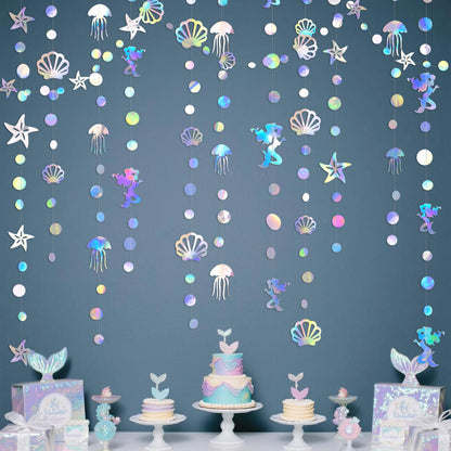 40 Ft Iridescent Mermaid Garland with Jellyfish Seashell Starfish Pearl Holographic Paper Streamer for Little Mermaid Rainbow Theme Birthday Bachelorette Baby Shower Under the Sea Party Decorations