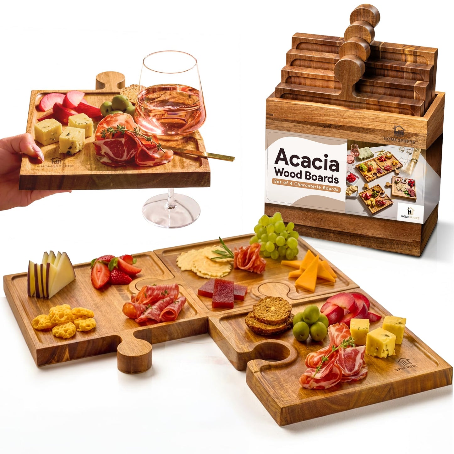 Homesphere Wooden Charcuterie Boards, Appetizer Tray for Parties & Cutting Board with Handle, Set of 4, Acacia Wood Board, Wine Gifts, Wine Accessories, Interlocking Puzzle Serving Tray w/Storage Box