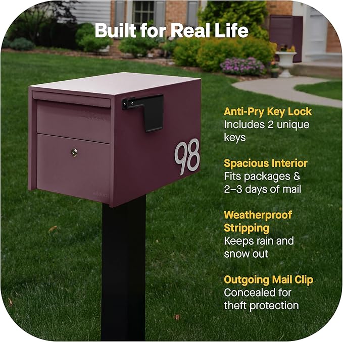 Adoorn Lockable Post Mount Mailboxes for Outside - Small Anti-Theft Locking Mailbox for Packages and Letters - Weatherproof Construction - Durable Steel - 12" H x 12" W x 18.5" D - Malbec