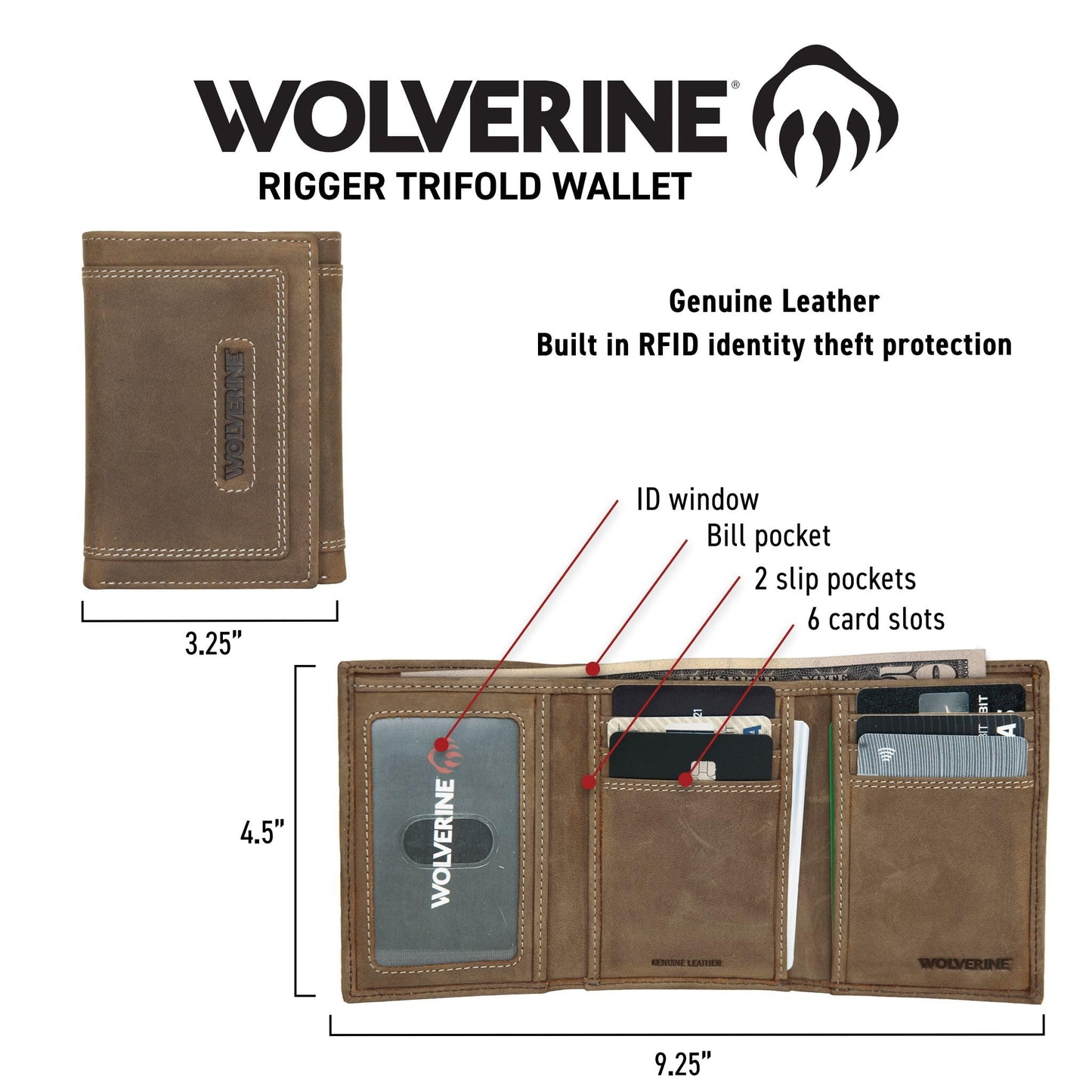 WOLVERINE Men's RFID Blocking Trifold Wallet, Rigger, Rugged-Brown, One Size