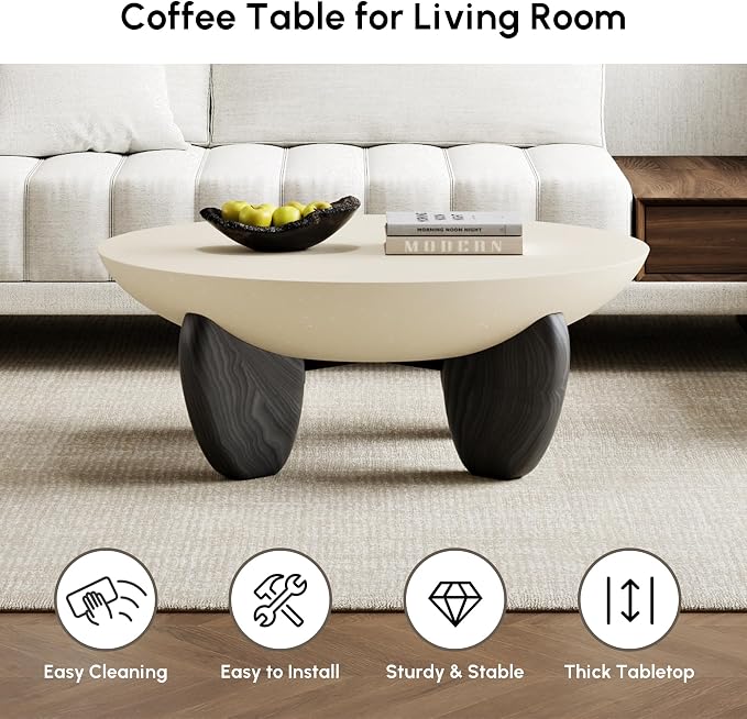 homary Round Concrete Coffee Table with Premium Walnut Ash Wood Legs, Modern Minimalist Cement Finish Center Table for Living Room (Black, 29.9" W x 29.9" D x 14.4" H)