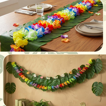 38PCS Hawaiian Tropical Party Decorations, Luau Placemats and Palm Placemat, Round Luau Fringe Place Mats Hibiscus Flower Simulation Artificial Leaf Birthday Party Supplies Table Decor