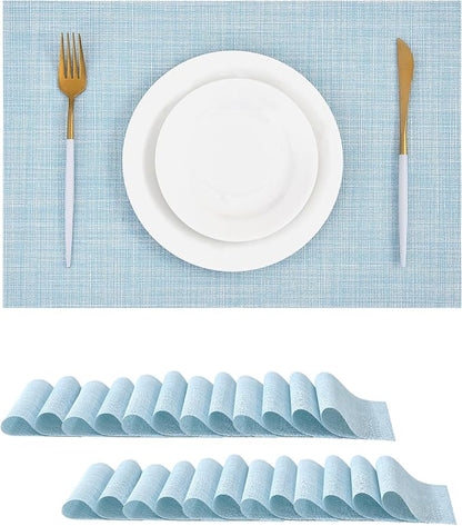 Leetaltree Soft Sky Blue Woven Placemats Set of 24 - Heat Resistant Non-Slip Place mats for Dining Table, Washable Durable PVC Vinyl Woven Table Mats(Sky Blue, 24)