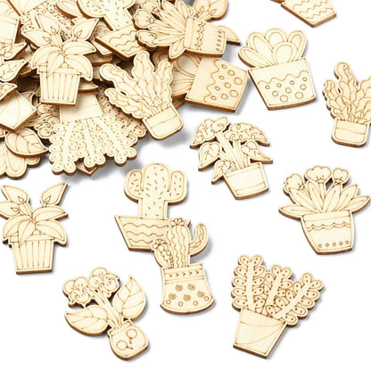 Gythara 100 pcs Mixed Styles Cactus Potted Theme Unfinished Wood Cutout Charms Tropical Desert Plant Flower Wood Slices for DIY Painting Art Craft Home Party Decor Embellishments