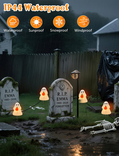 Halloween Ghost Pathway Lights, Ghost Pumpkin Pathway Decoration Lights Built-in 4 C7 LED Bulbs for Halloween Holiday Outdoor Yard Garden Walkway Decor, 7Ft 4PK