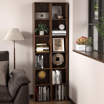 NewBeth 6 Cube Storage Organizer, Narrow Open Shelf Bookcase, Freestanding 6 Tier Low Display Bookshelf for Home Office, Living Room, Bedroom, Dark Brown & Black Walnut