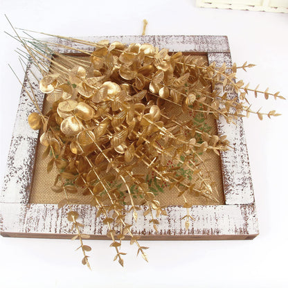 Tinsow 26pcs Artificial Eucalyptus Stems Gold Faux Eucalyptuses Branch Real Touch Leaf Wedding Bouquet Minimalist Fall Home Decor