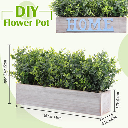Lyrow 2 Pack Artificial Eucalyptus Plant in Rustic Rectangular Wooden Planter Box Greenery Faux Potted Herb Plant for Indoor Wedding Table Centerpiece(Green,16.1 x 3.7 x 8.7 Inches,Classic Style)