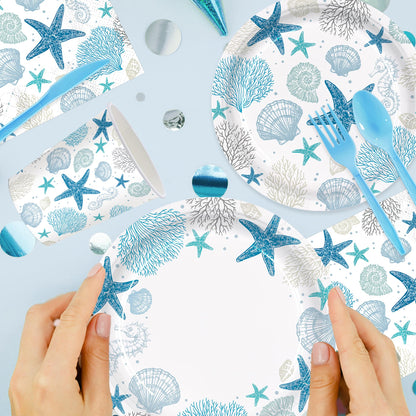 Vellumvibe 168pcs Coastal Beach Paper Plate Napkin Blue Starfish Seashell Party Supplies Disposable Tableware Set for Summer Ocean Birthday Party Decorations Serve 24 Guests