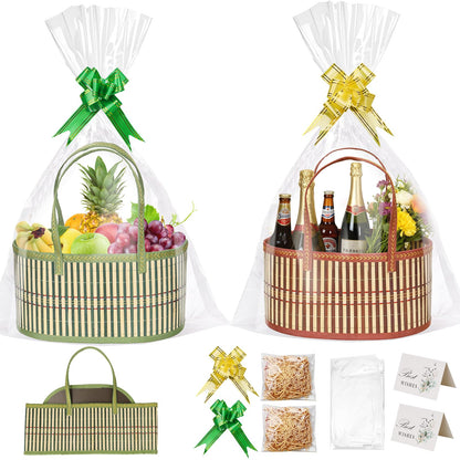 Gift Baskets Empty Hamper Basket 2 Color Gift Box DIY Gift Hamper Sets with 2 Bags,2 Bows ,2 Greeting Card and Raffia Birthday Present,Easter, Christmas , Graduations, Wedding Thanksgiving Gift Kit