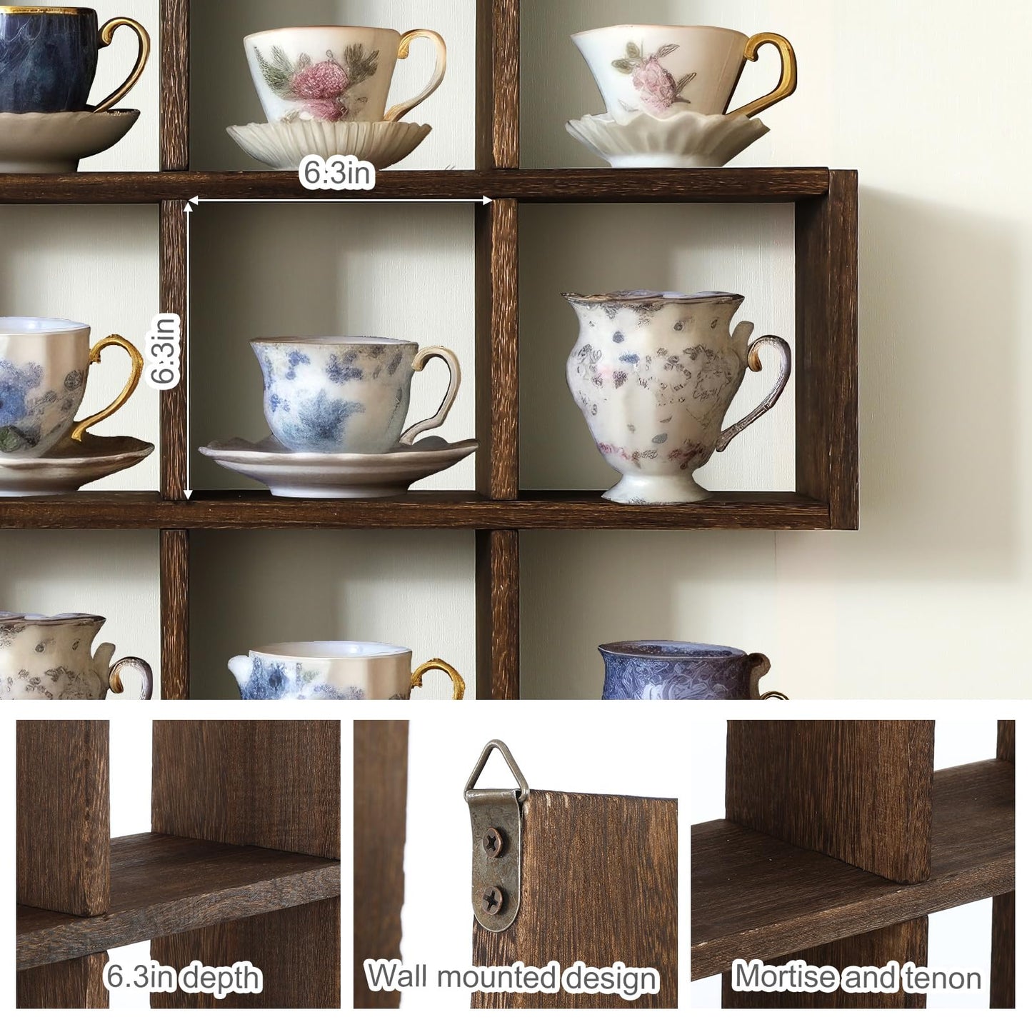 Suzile Oversize Tea Cups and Saucers Shelf Rustic Wooden Coffee Display Shelves Wooden Floating Curio Shelf Mounted Tea and Saucer Rack Holder for Kitchen Station Bar Accessories(Brown)