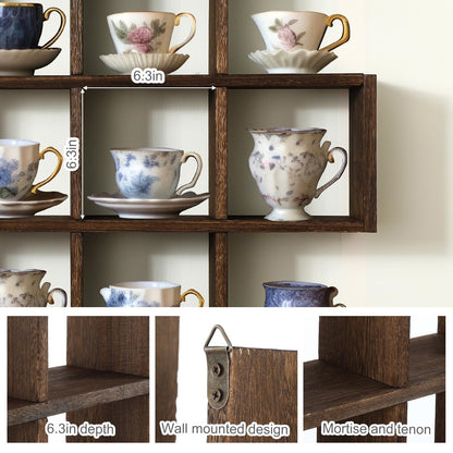 Suzile Oversize Tea Cups and Saucers Shelf Rustic Wooden Coffee Display Shelves Wooden Floating Curio Shelf Mounted Tea and Saucer Rack Holder for Kitchen Station Bar Accessories(Brown)